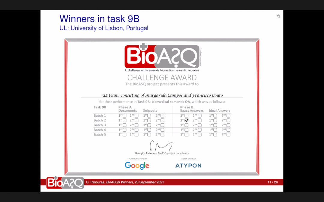 Award to LASIGE team at the BioASQ challenge